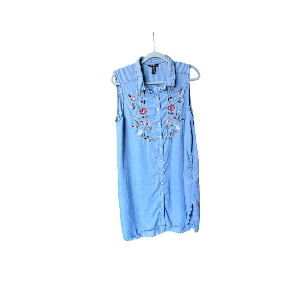 Terre bleue sleeveless chambray button front dress XL floral embroidery western